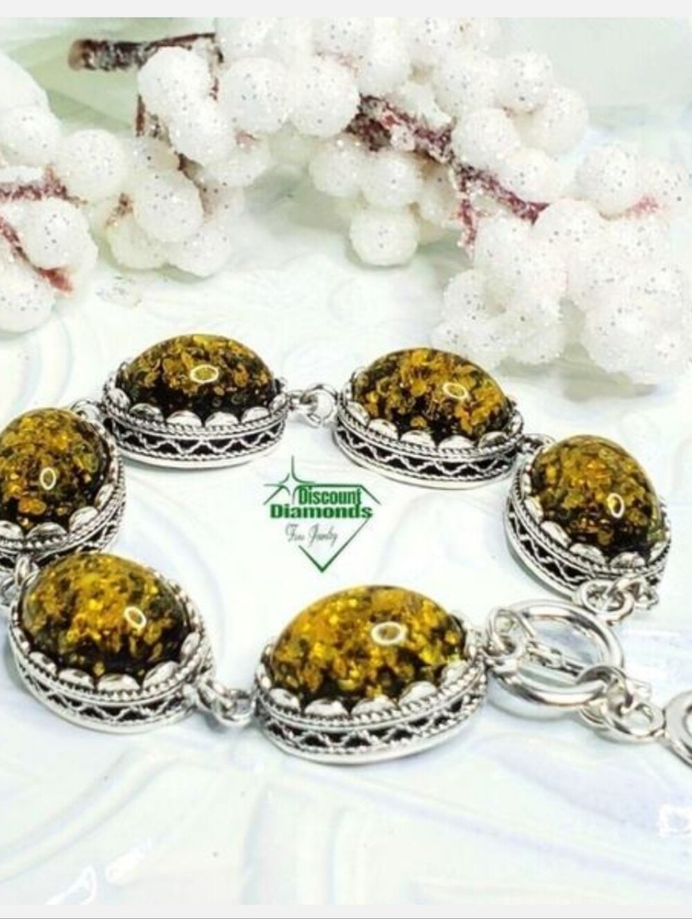 Vintage Style Silver Green Amber Cabochon Filigree Statement Toggle Bracelet